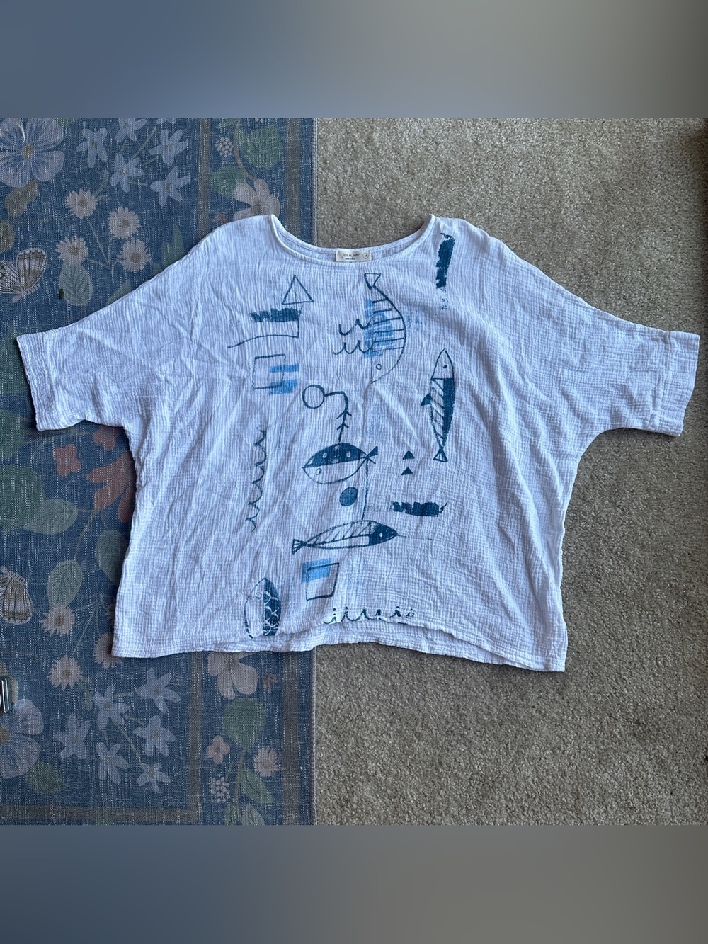 White Short-Sleeve Tee with Blue Fish Print